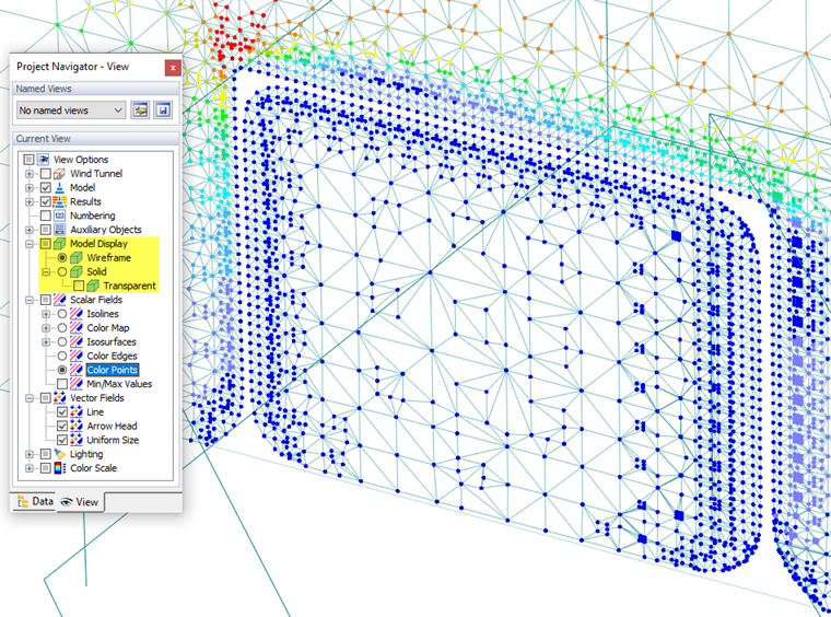 Visualizzazione dei punti di colore del campo di pressione per il modello wireframe